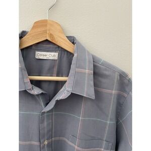 Vintage‎ Career Club Button Down Shirt Mens L Blue Plaid Made in USA Long Sleeve